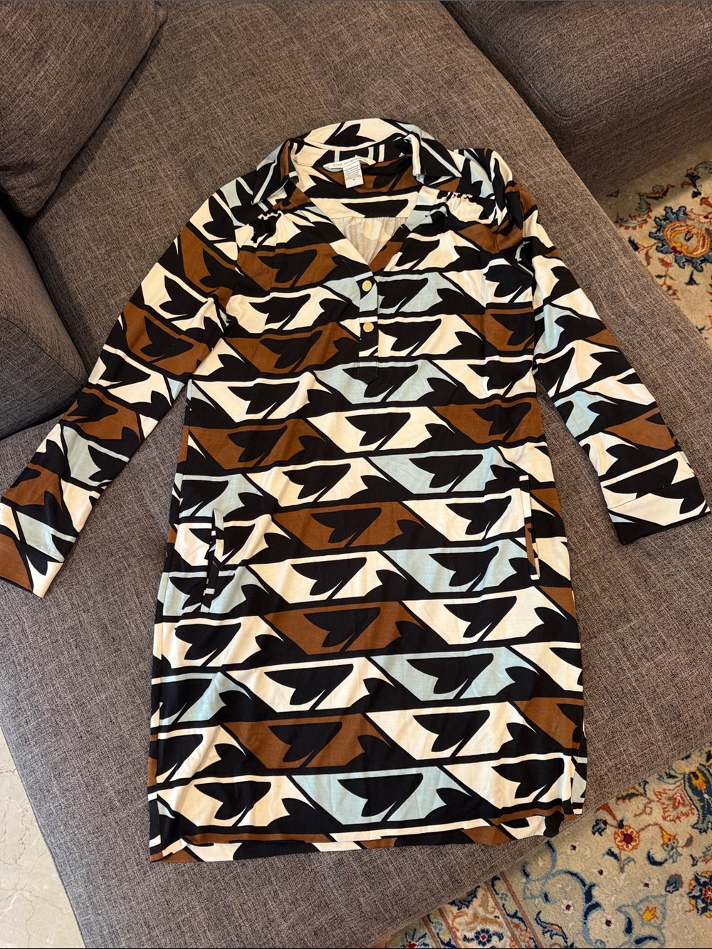 Diane Von Furstenberg Silk Geometric Long Sleeve Dress in Brown, Black & Cream